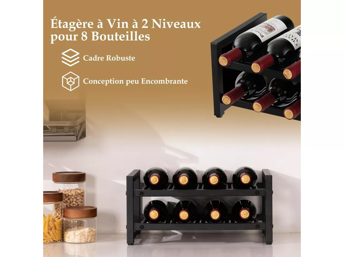 Étagère à vin à 2 niveaux pour 8 bouteilles, surface antirouille, casier à vin, noir