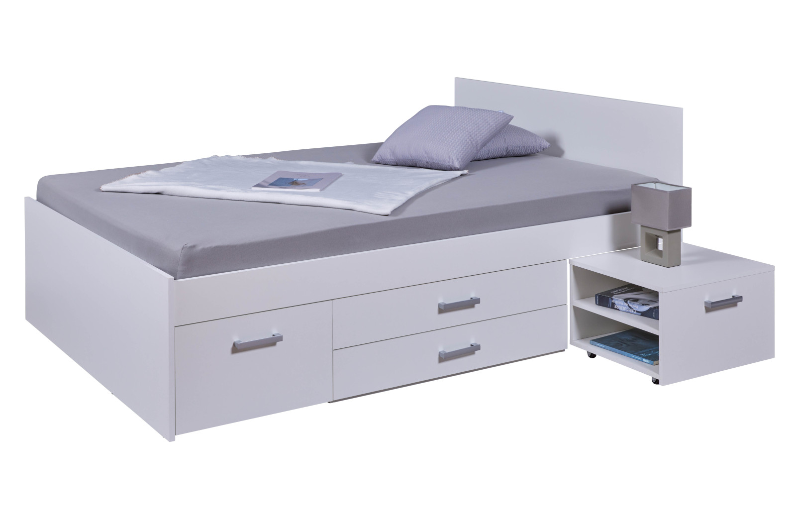 Funktionsbett RANYA - weiß - ausziehbare Nachtkommode - 140x200 cm
