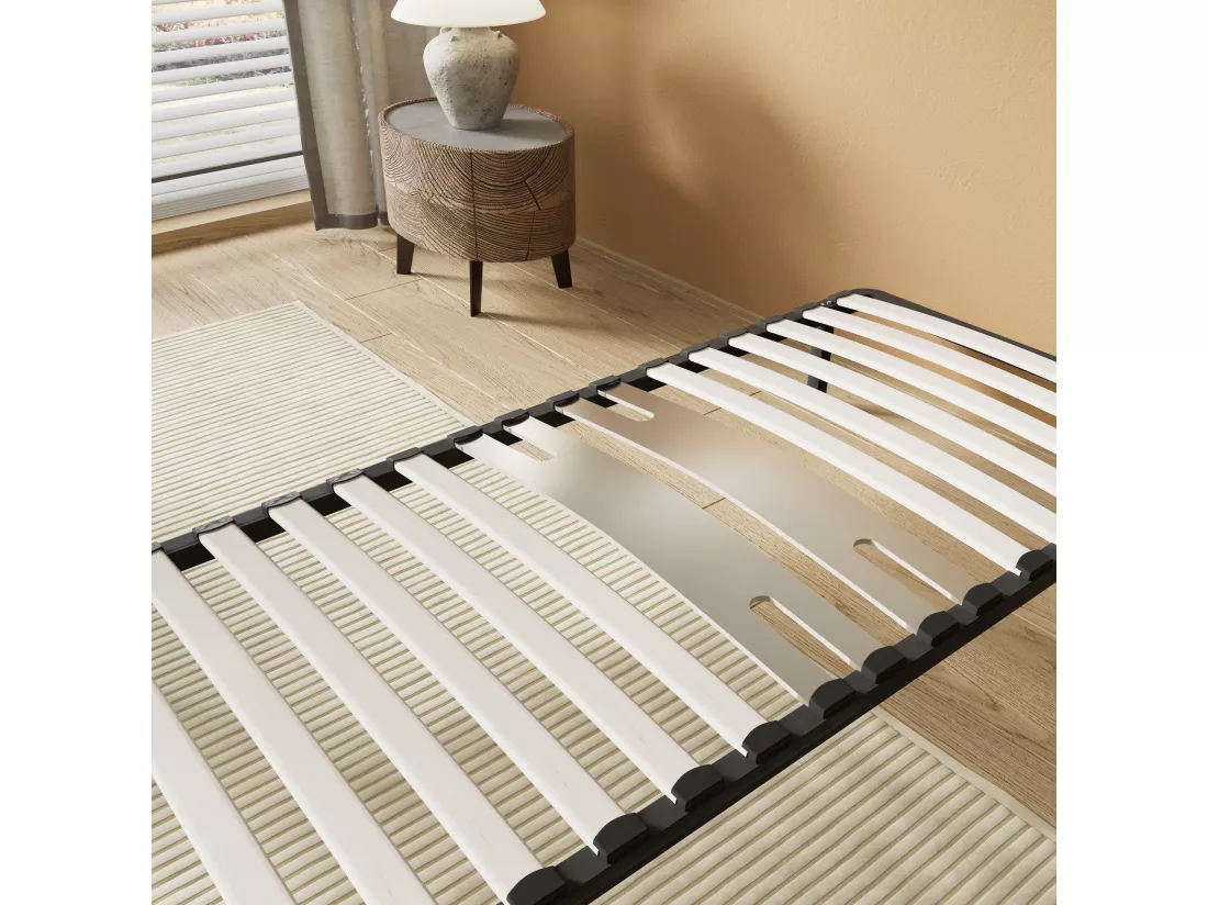 Cadre à lattes en bois 120x190 cm – cadre en acier et lattes en bois – 7 pieds hauteur 25cm – renfort lombaire