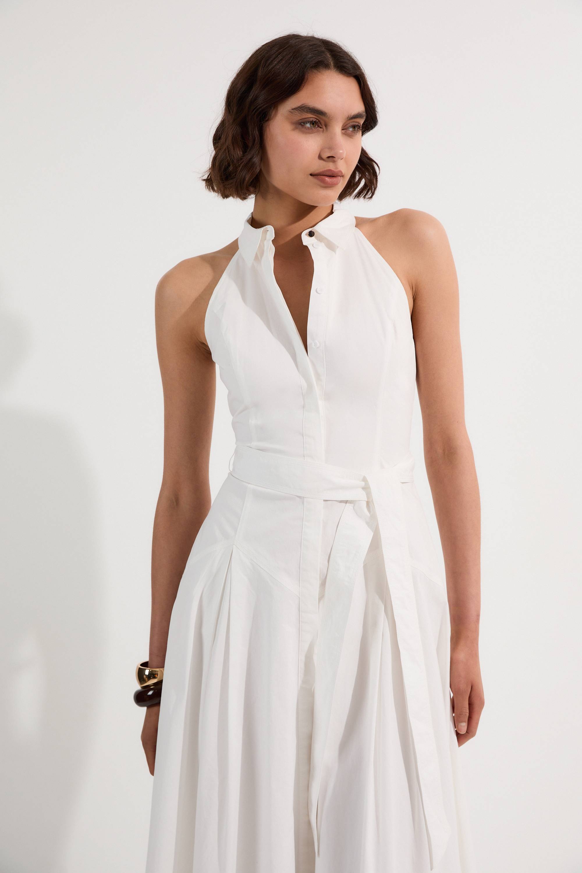 KarenMillen Robe Chemise Midi Tissée En Coton Avec Col Halter Et Taille Basse Pour Petite Stature