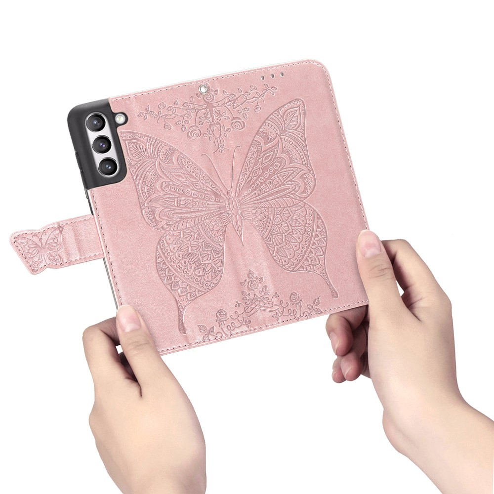 Samsung Galaxy S21 FE 5G Leder Tasche Flip Cover Schmetterlinge Imprint - Roségold