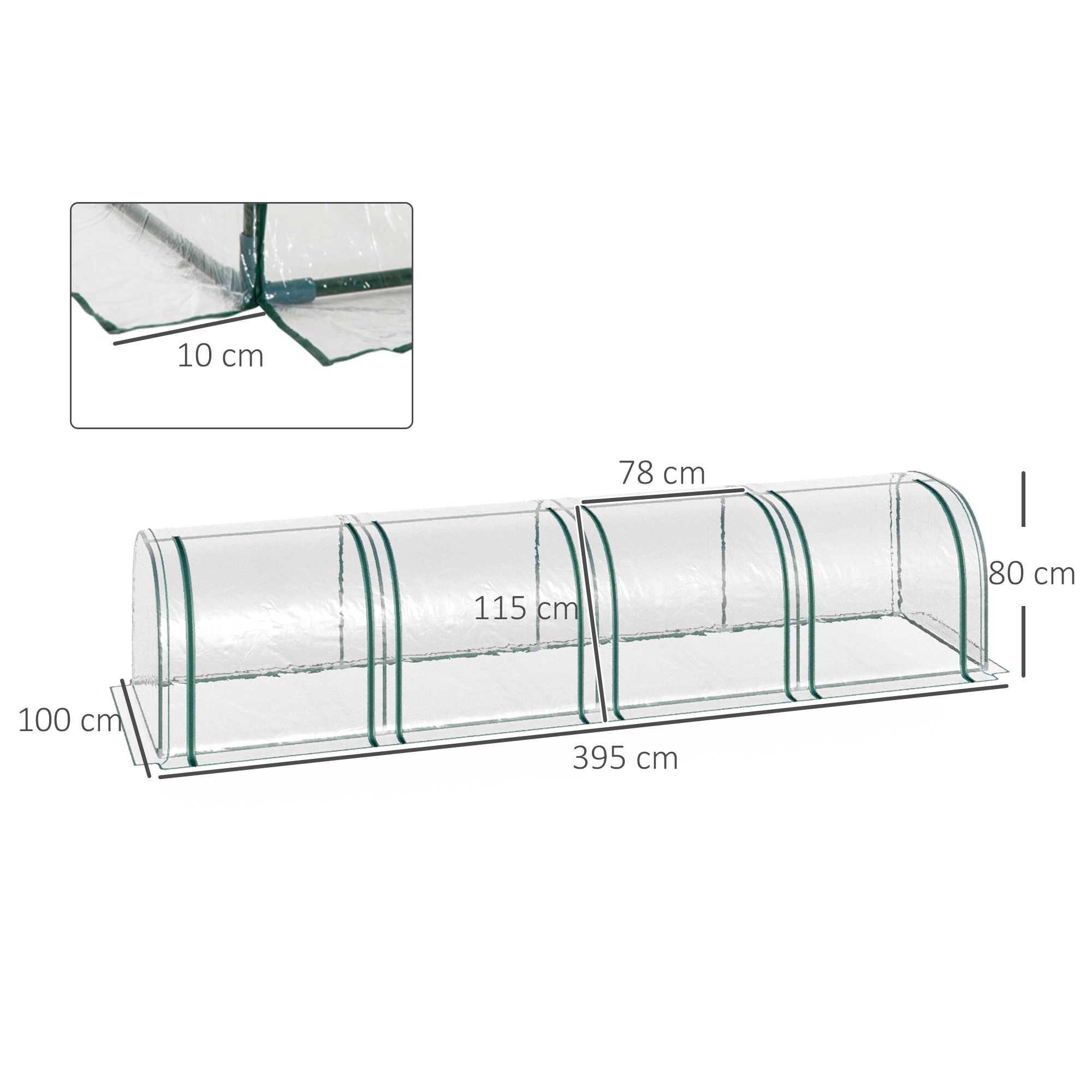 Estufa transparente tipo túnel com estrutura de aço e PVC para jardim.