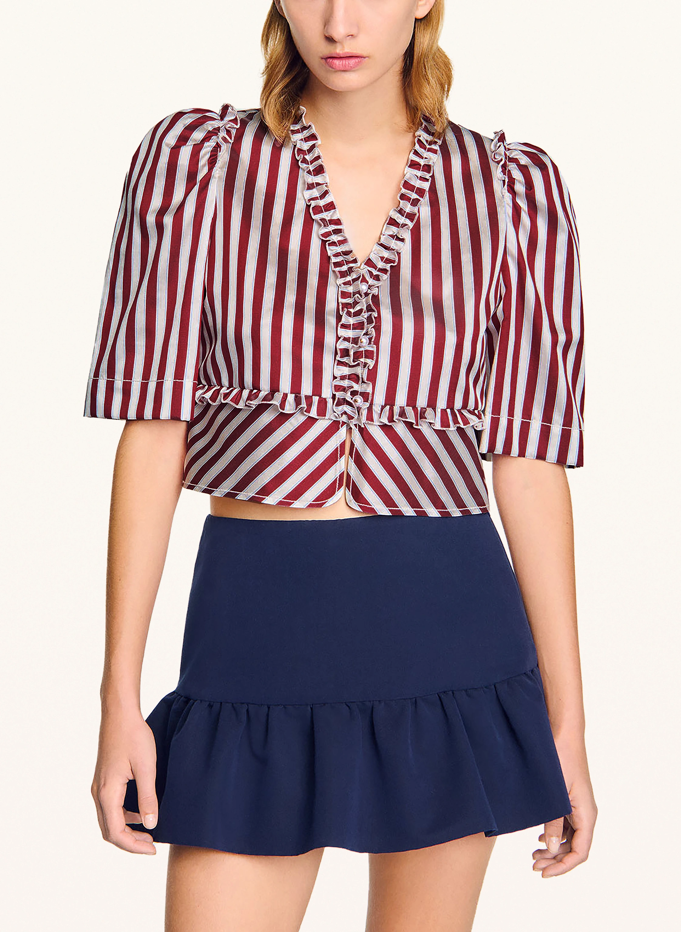 SANDRO Cropped-Bluse mit Rüschen