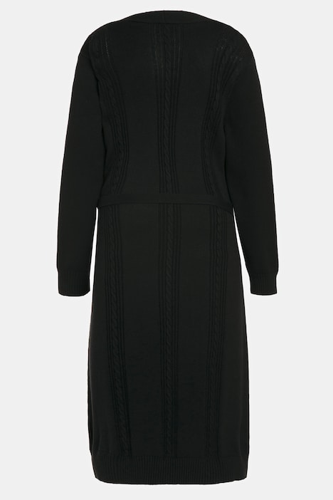 Long-Strickjacke, Zopfmuster, offene A-Linie, Schalkragen