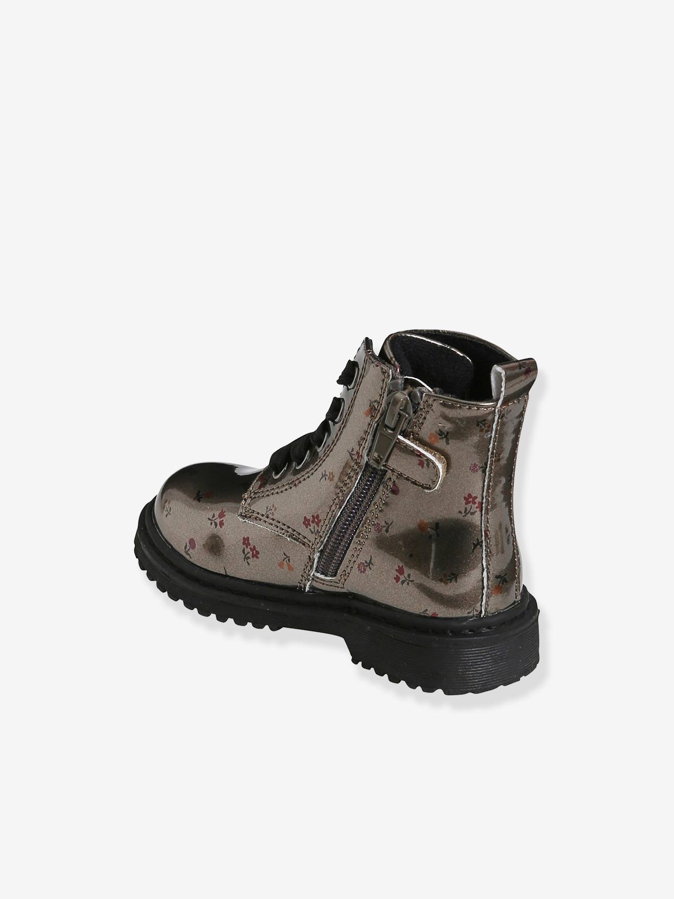 Botas de cano curto estampadas com cadarço e zíper, para bebê menina, estampa cinza médio
