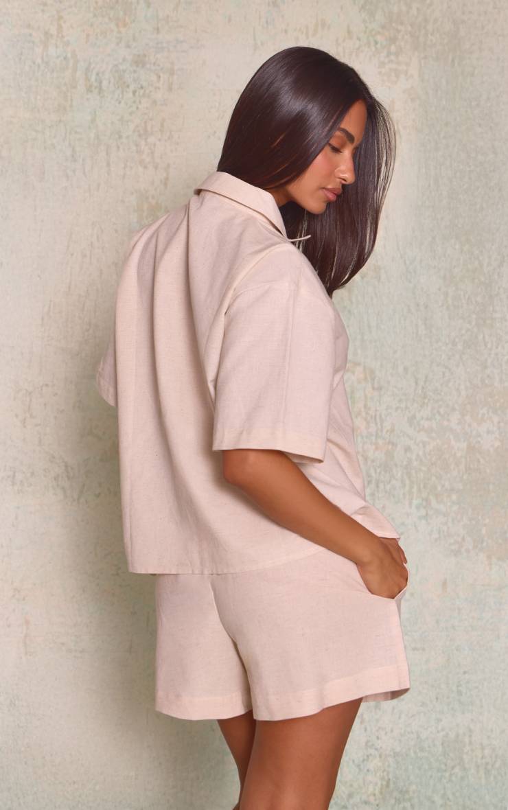 Naturel Ensemble Coordonné Short Fluide Aspect Lin Taille Élastiquée Petite