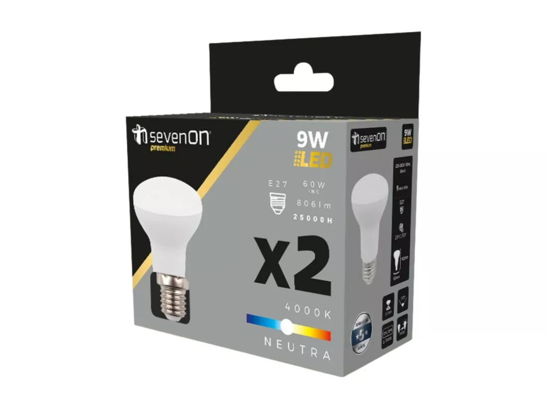 Pack 2 Ampoules Réflecteur LED E27 9W Equi.60W 806lm 25000H 7hSevenOn Premium
