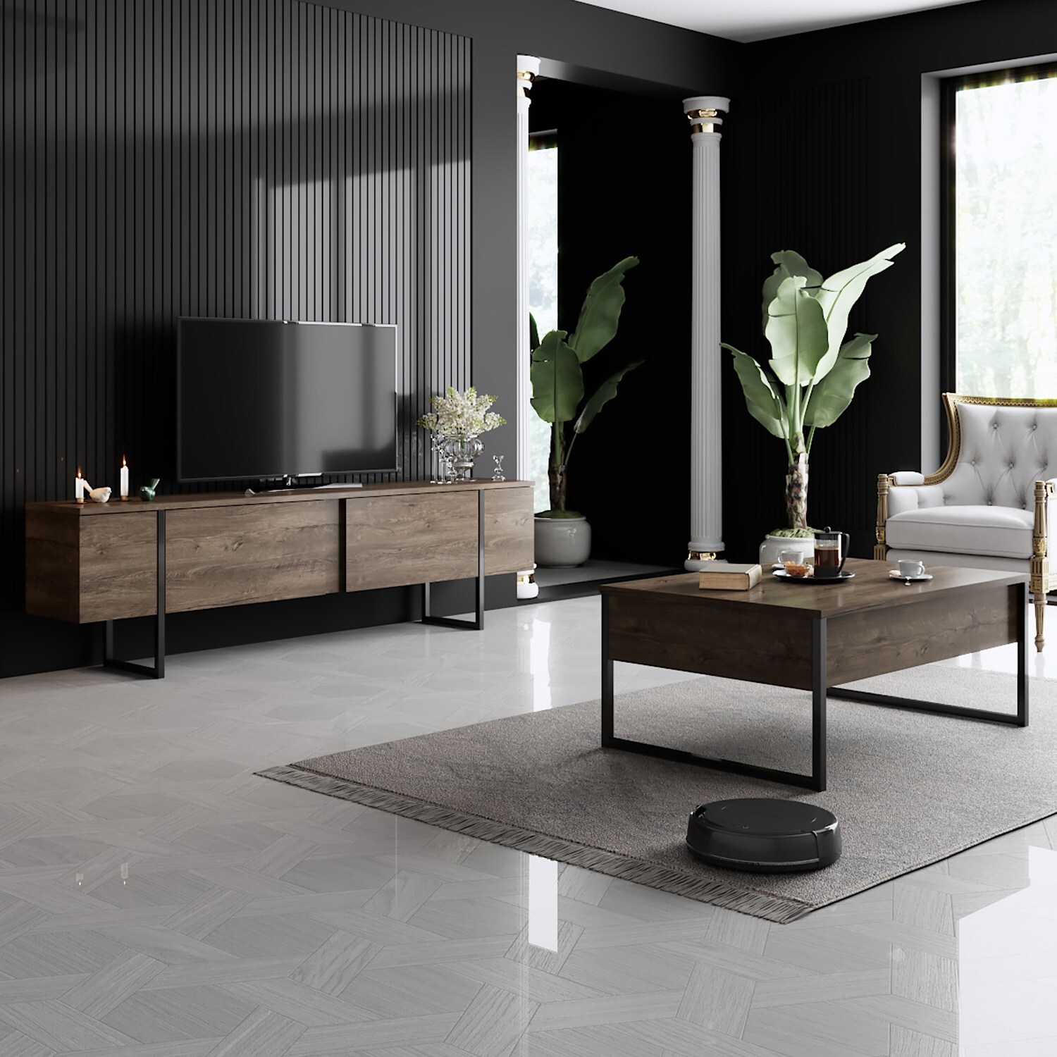 Homtex Moderner TV-Ständer, 180x50x30 cm, Walnuss/Schwarz, Melaminbeschichtet