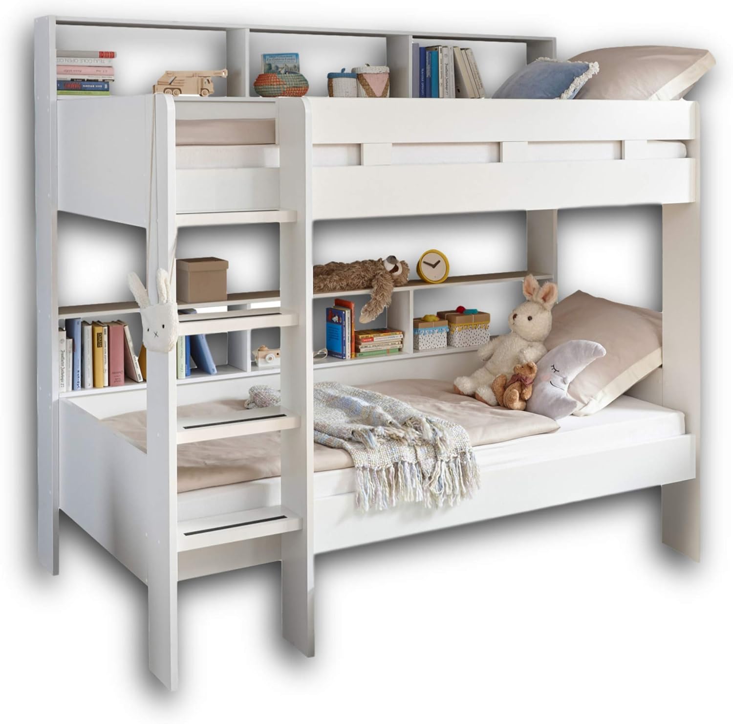 JUSA Hochbett mit Leiter & zwei Liegeflächen 90 x 200 cm - Platzsparendes Kinder Etagenbett in weiß - 129 x 189 x 210 cm (B/H/T) ID9376421