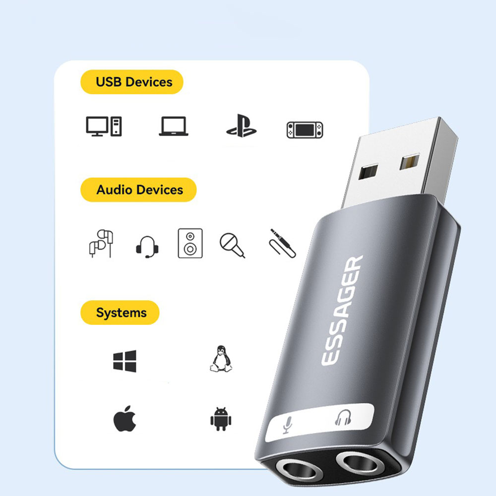 USB zu Dual 3.5 mm Klinke Stereo Audio Out und Mikrofon In Adapter Soundkarte - Grau