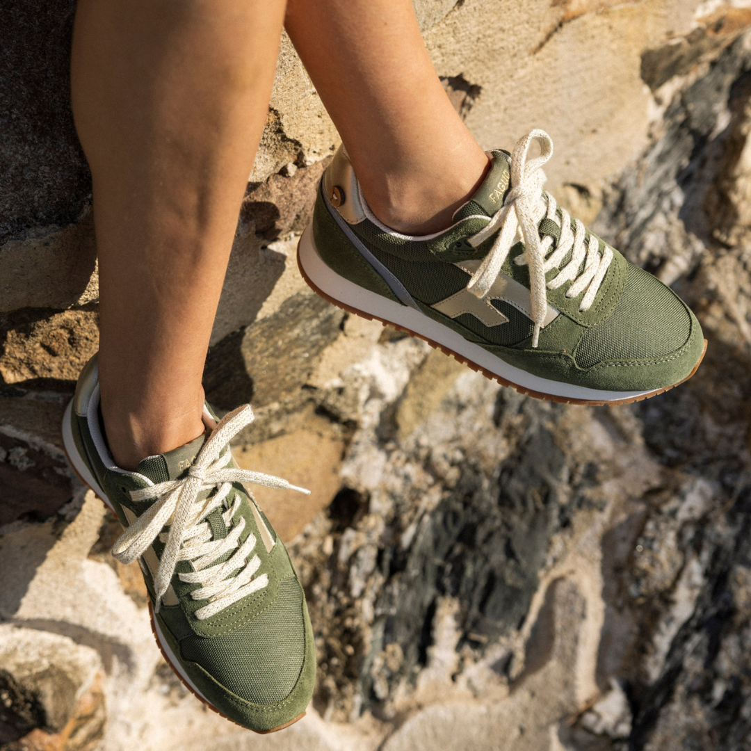Runnings kaki & doré polyester recyclé et suède - modèle Elm