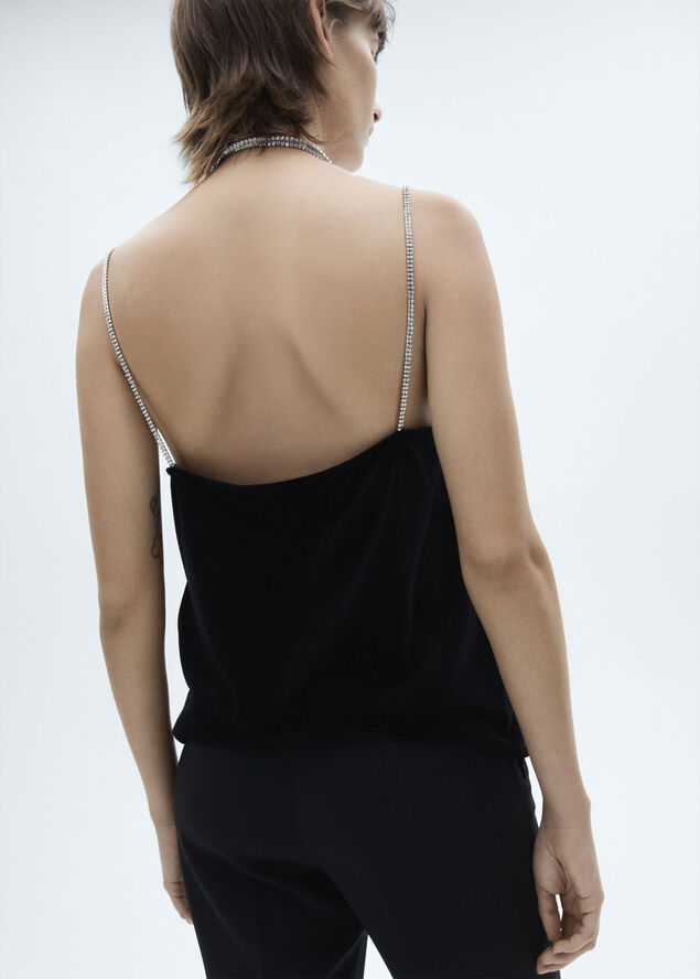 MANGO Velvet top with rhinestone straps Black