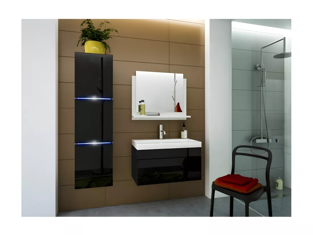 Colonne de salle de bain suspendu, collection RAVEN, coloris noir mat et noir brillant, idéal pour une salle de bain design