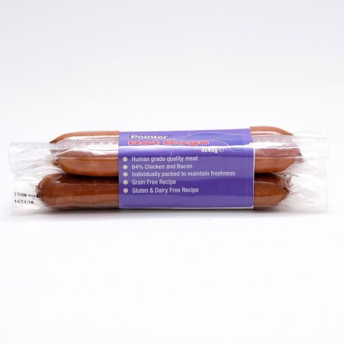 Pacote com 4 salsichas para cães com sabor de frango e bacon.