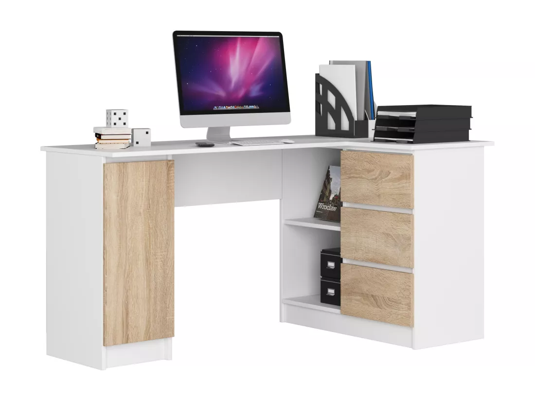 Grand bureau d'angle AKORD droit B20 Blanc 155 cm 1 porte 3 tiroirs façade Chêne Sonoma 4 étagères 155x85x77 cm