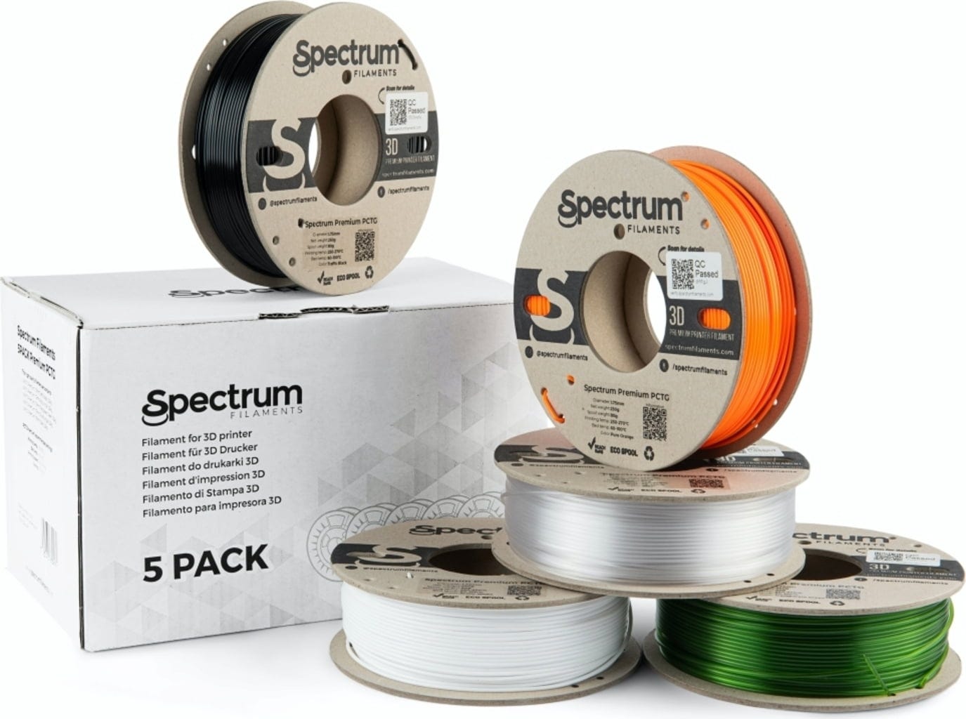 Spectrum  5er-Set PCTG Premium, 1,75 mm (1.250 g)    Filamente auf ökologischen Pappspulen