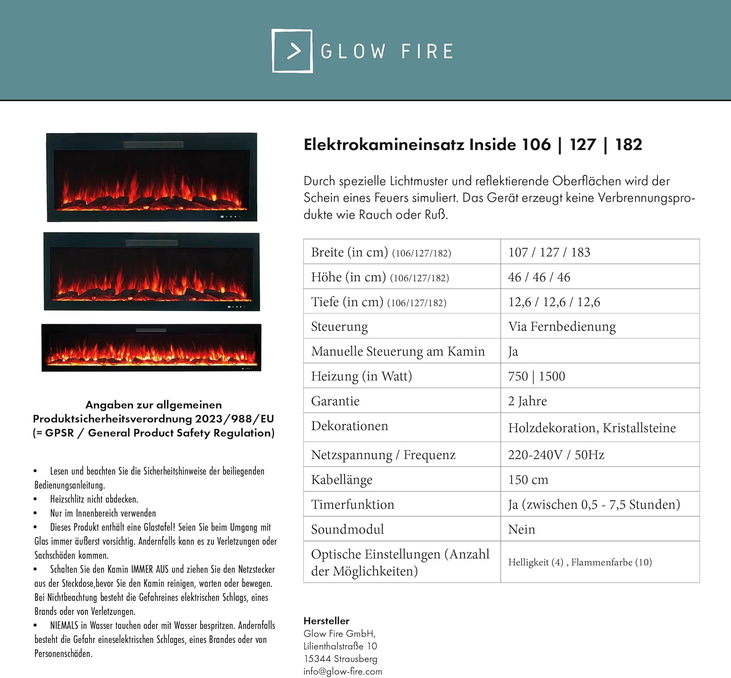 GLOW FIRE Elektrokamin mit Heizung und Kaminfeuer (Standkamin Rhea) - elektrischer Kamin mit LED-Feuer in 5 Farben, Heizlüfter, Deko & Fernbedienung - 158x97x33 cm, Weiß
