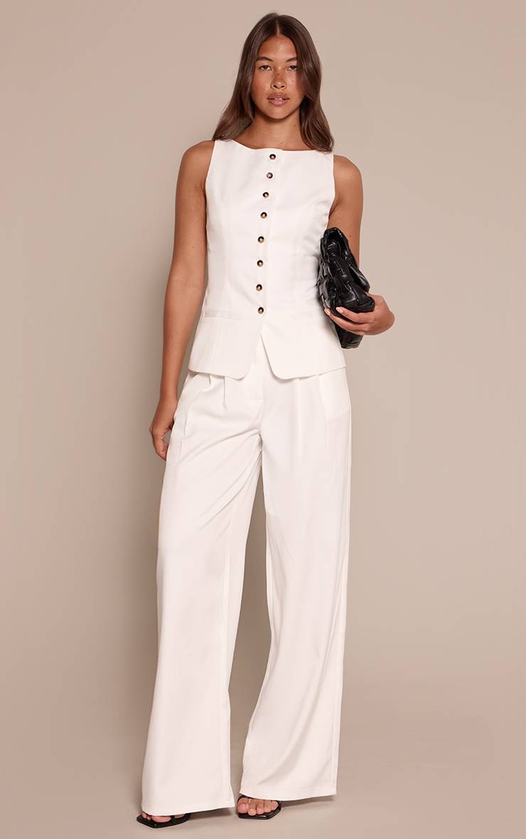 Blanc Pantalon Large Plissé En Tissu Tissé Ajusté