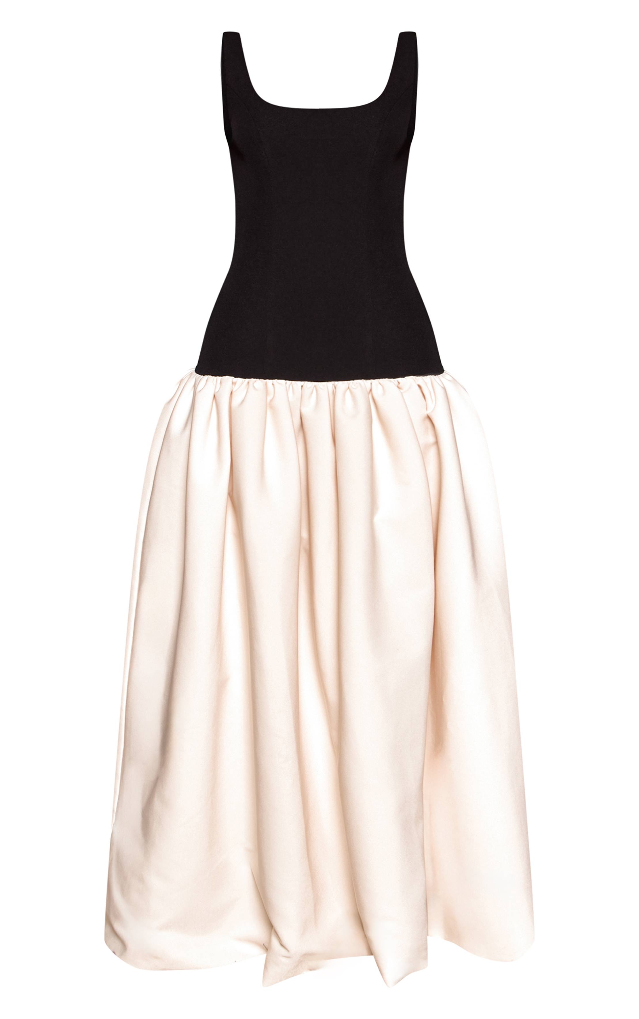 Noir Robe Maxi À Ourlet Froncé Contrastant En Tissu Tissé Petite