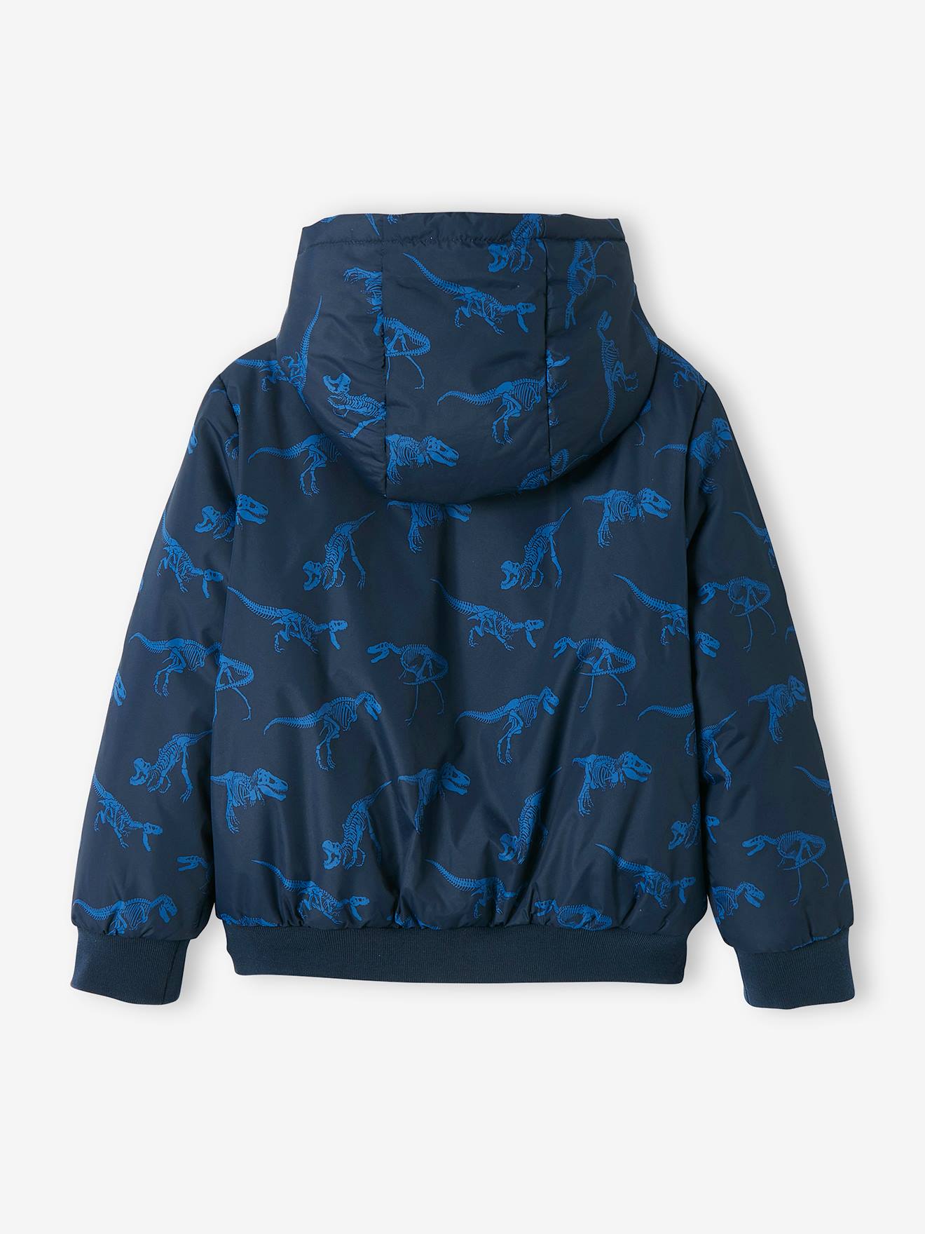 Jaqueta com capuz e forro de lã com estampa de dinossauros, infantil, azul-escura.