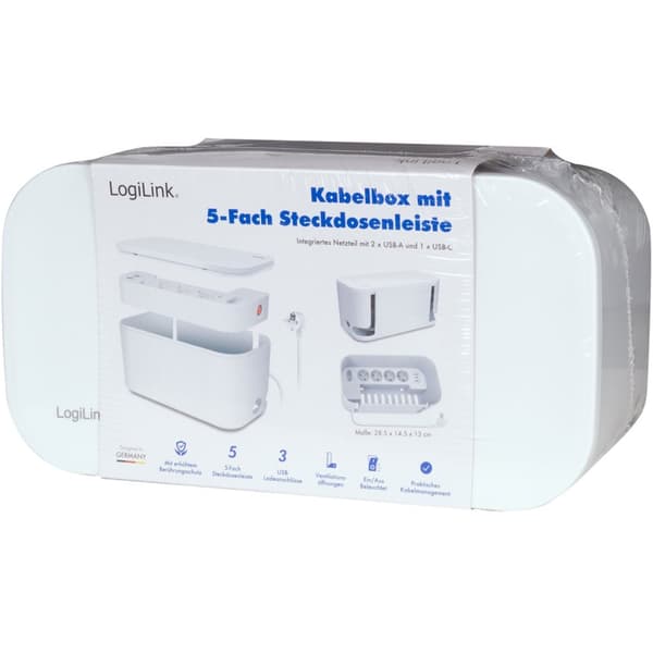 LogiLink Kabelboks - Kabelboks med strømuttak + USB-A/USB-C-lading Hvit