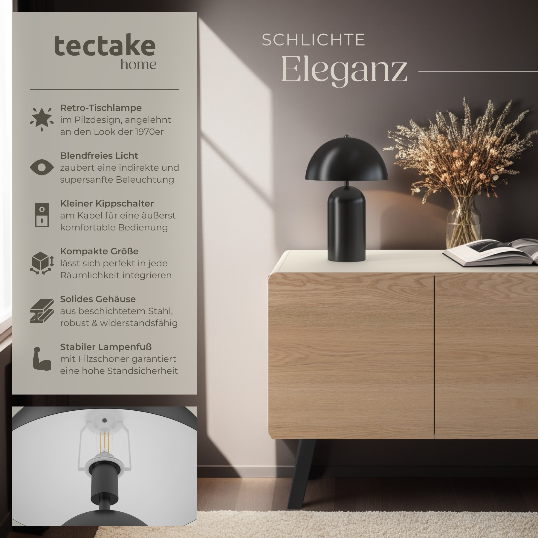 tectake® Retro-Tischlampe, Pilzdesign im 70er Jahre Stil, indirektes Licht, Kippschalter am Kabel, 25 x 37 cm