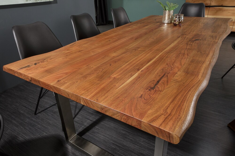 riess-ambiente Esstisch MAMMUT NATURE- 160cm Akazie Edelstahl Baumkante 3,5cm Tischplatte Massivholz