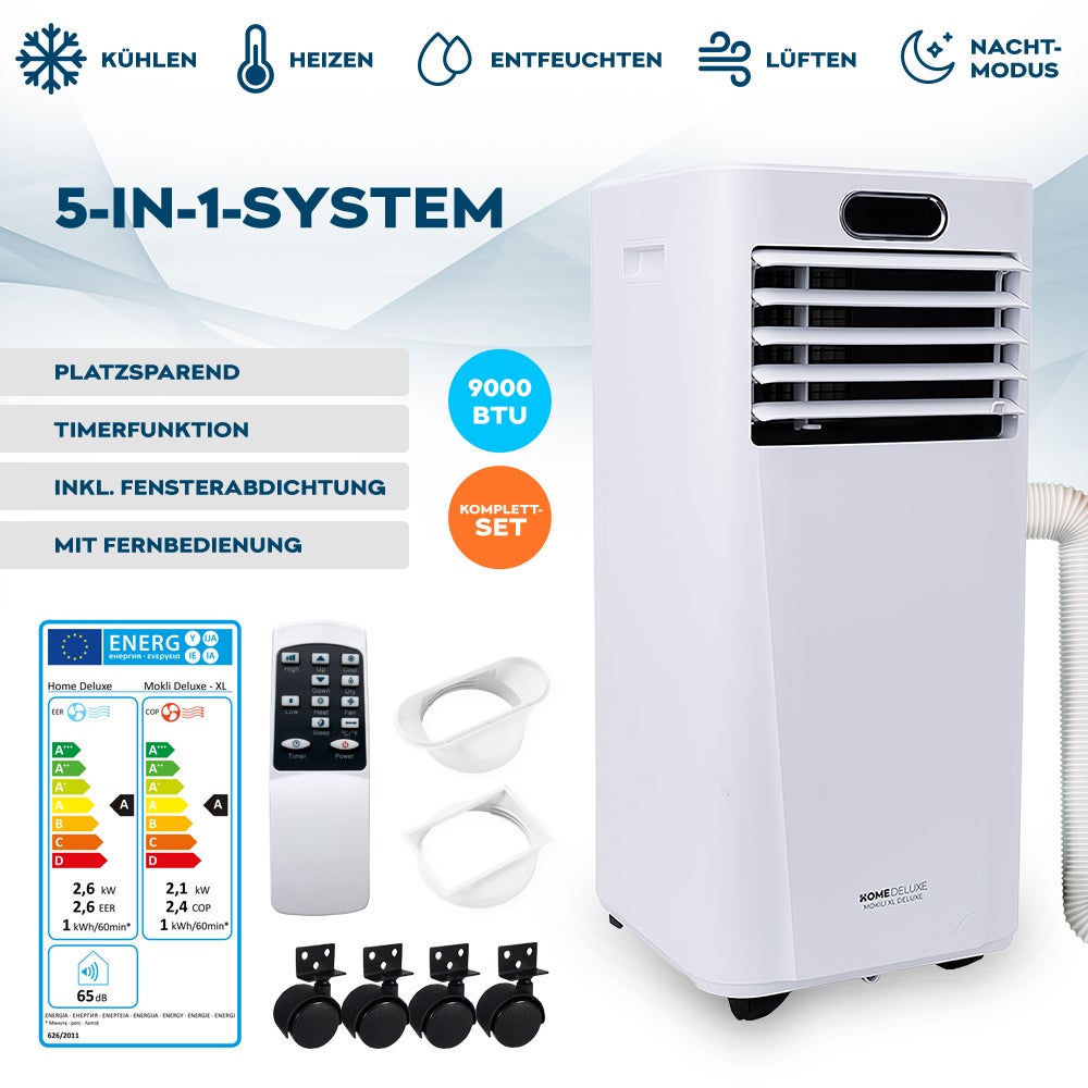 Home Deluxe - Mobiele Airconditioner SET MOKLI XL DELUXE - 9000 BTU/h (2600 Watt) - Draagbare airconditioner met 5-in-1 systeem: koelen, verwarmen, ontvochtigen, ventileren, nachtmodus