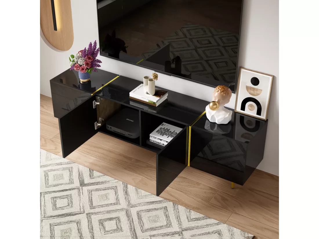 Meuble TV L 170cm - avec 4 portes - MDF - Noir