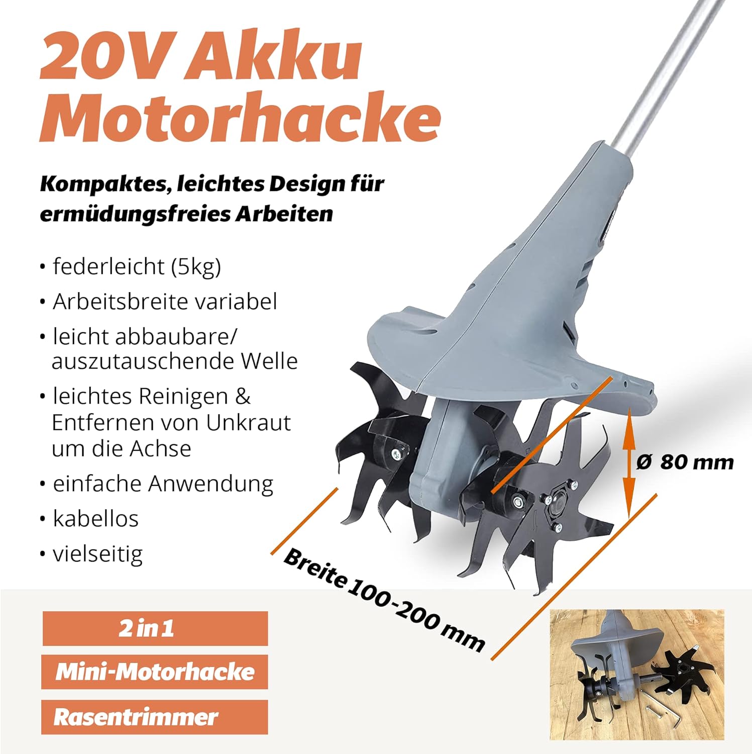 FANZTOOL 2-in-1 Gartenfräse Akku 20V, Bodenhacke & Rasentrimmer Set, Inkl. 2.5Ah Akku & Ladegerät, Zum Lockern & Trimmen