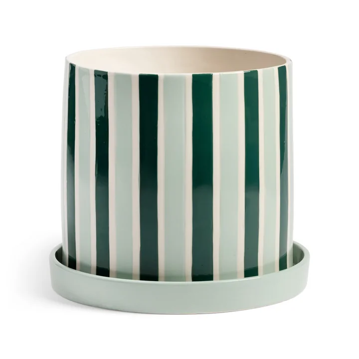 &klevering - Clash Blumentopf mit Untersetzer, stripe, Ø 23,5 x 21 cm, grün / weiss
