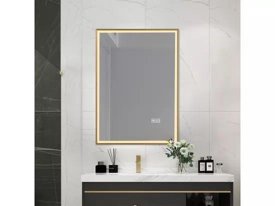 Miroir salle de bain LED 50x70cm anti buée avec cadre doré LB-126080G