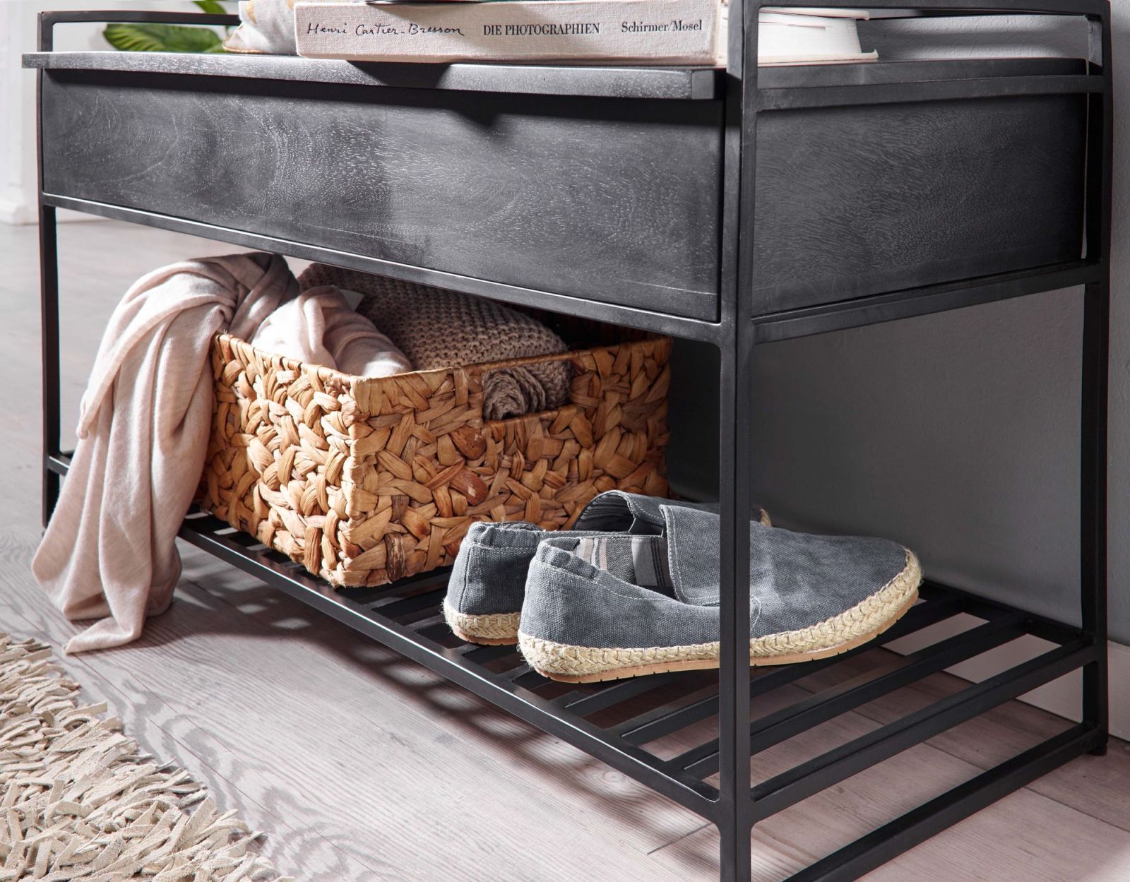 Schuhbank - schwarz - Mango Massivholz - mit Sitzfläche