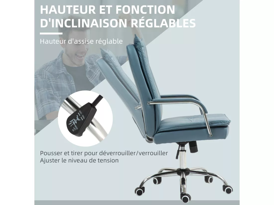 Chaise de bureau manager ergonomique design contemporain métal chromé tissu technique bleu