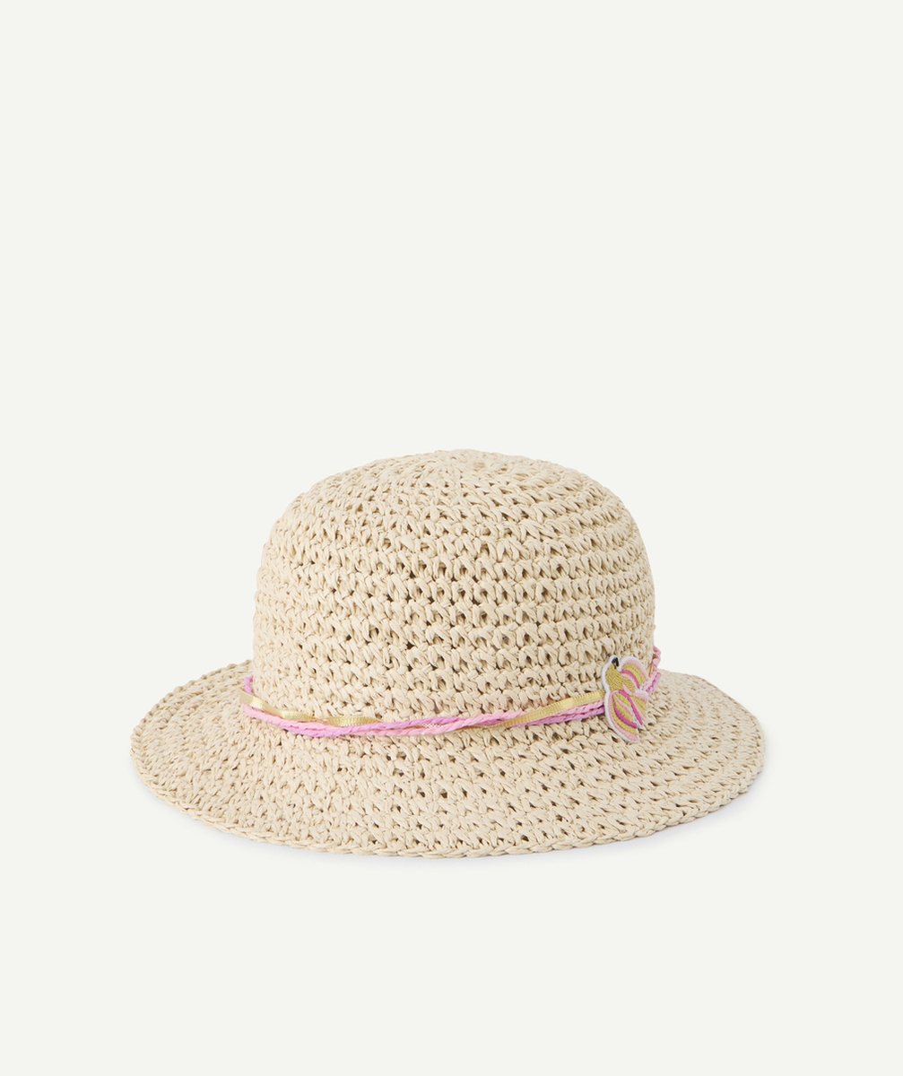 CHAPEAU DE PAILLE BÉBÉ FILLE AVEC CORDONS ROSES ET PATCH OISEAU BRODÉ