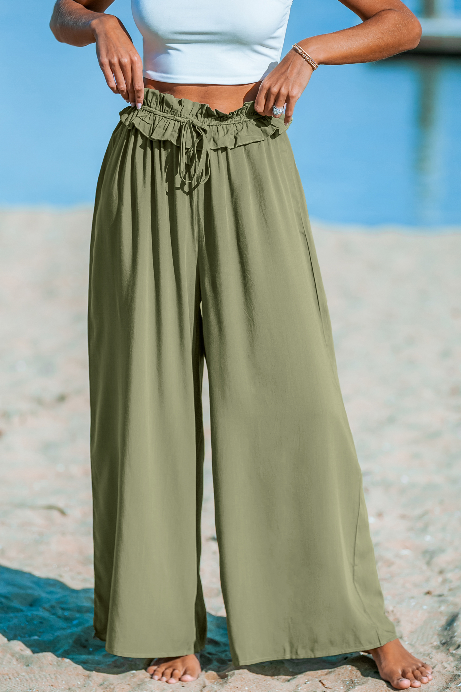 Pantalon large taille froncée olive