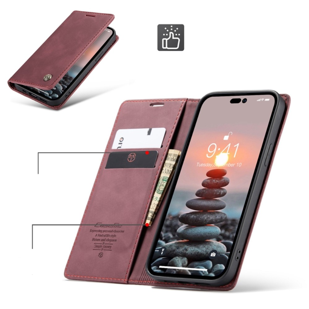 iPhone 14 Pro Leder Tasche Flip Wallet Etui mit Kartenfächern - Dunkelrot