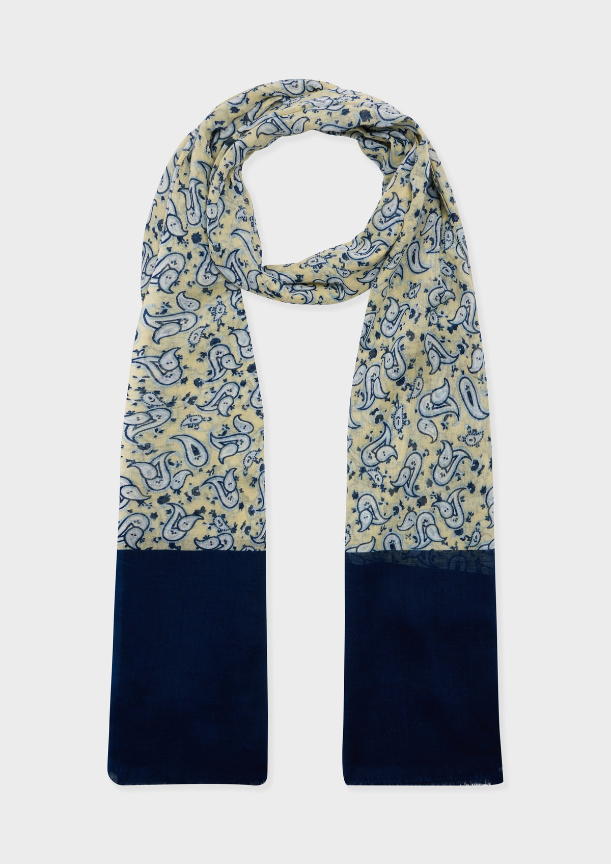 Echarpe en coton jaune à motif fantaisie bleu et blanc