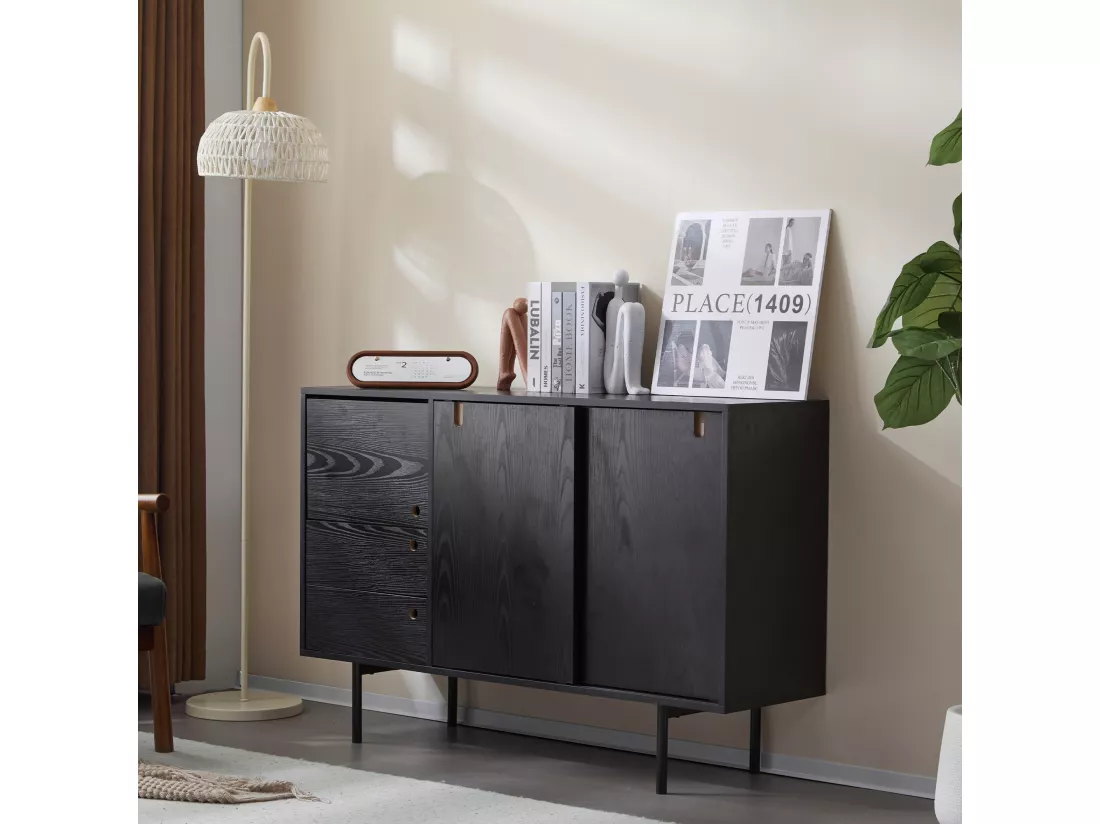 Buffet moderne avec 2 tiroirs et 3 portes - 120 x 35 x 78 cm - Panneau de particules et métal - Noir