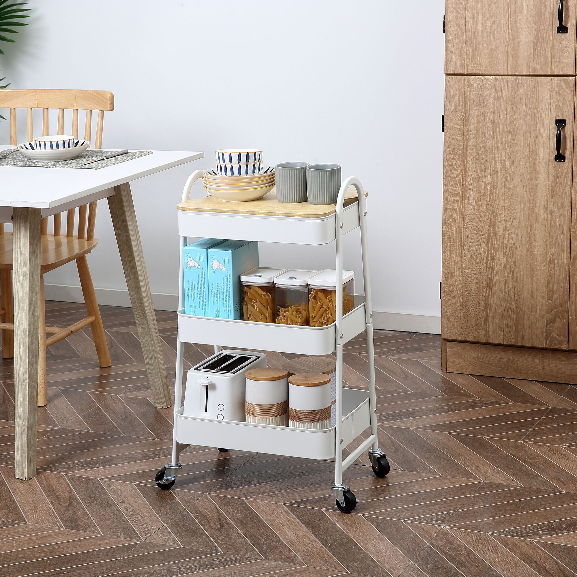 HOMCOM Küchenwagen mit 4 Universalräder weiß 45L x 31B x 79,4H cm