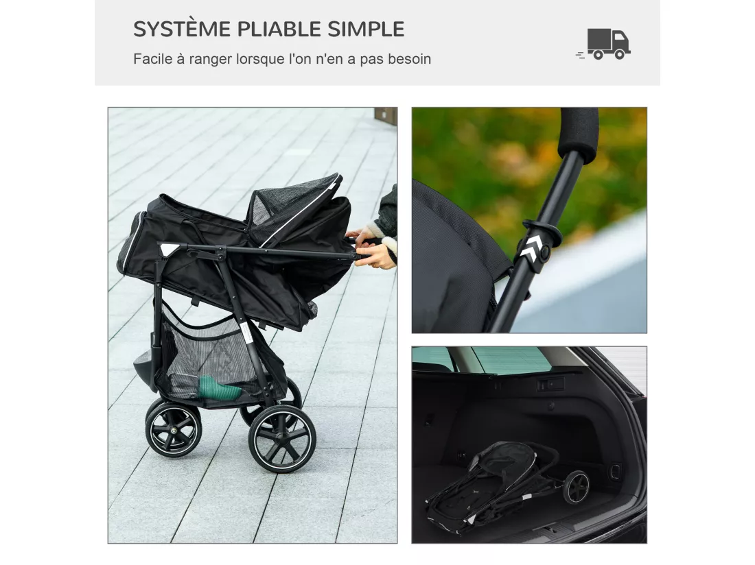 Poussette buggy pliable pour chien chat - 2 attaches, guidon réglable, panier - acier oxford noir