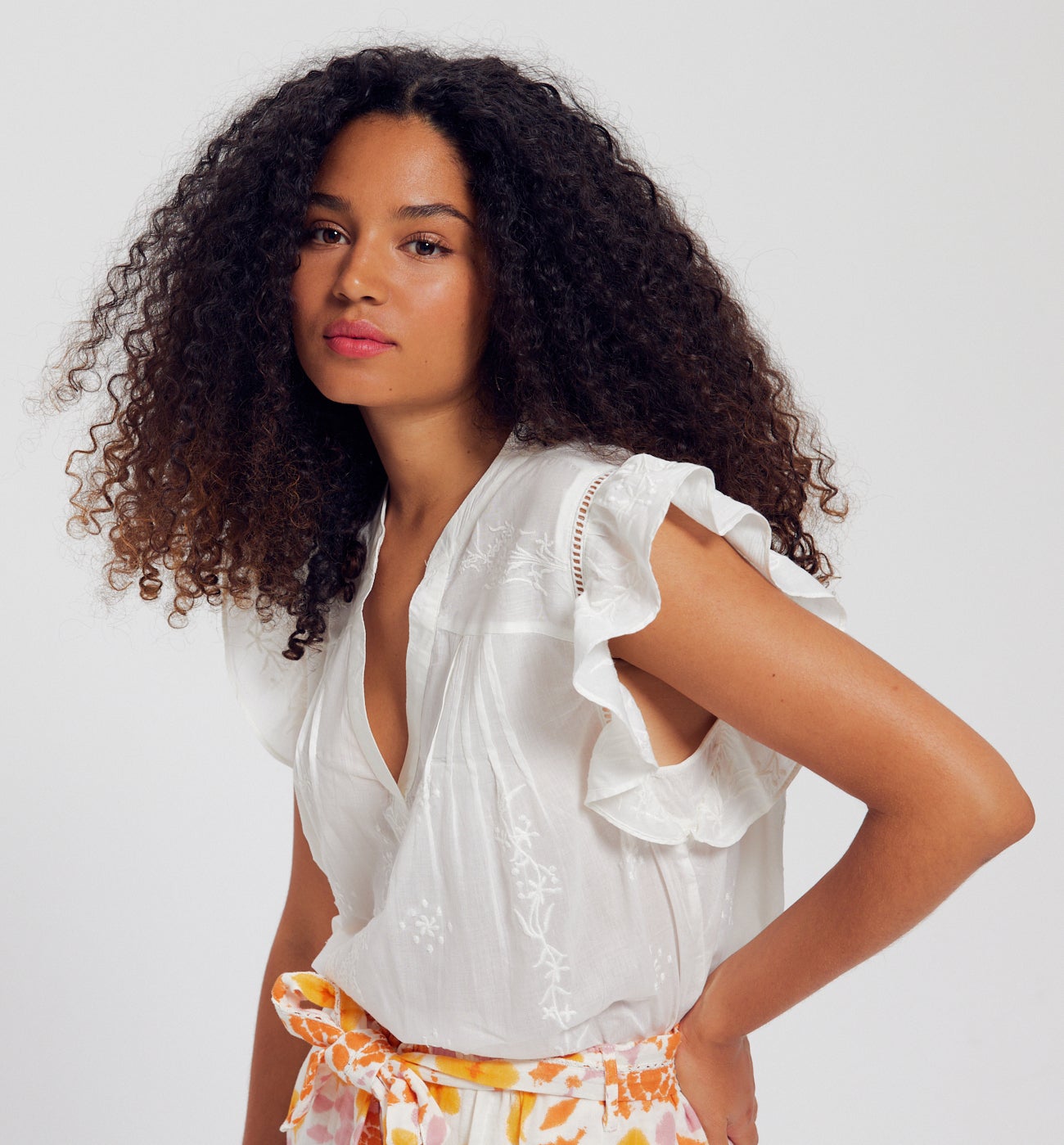 Blouse romantique brodée Femme - Ecru
