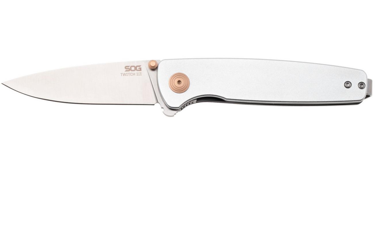 SOG Twitch III 11-15-02-43, Satin 154CM, Grey Aluminum, Rose Gold Hardware zakmes