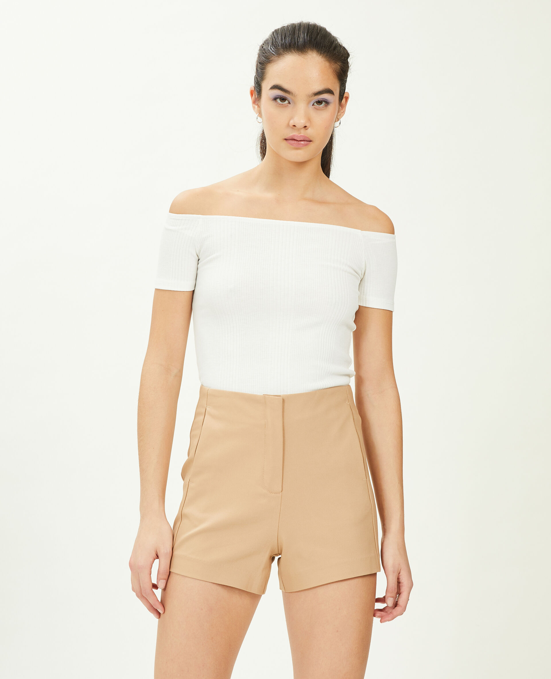 Top encolure Bardot maille côtelée - Blanc