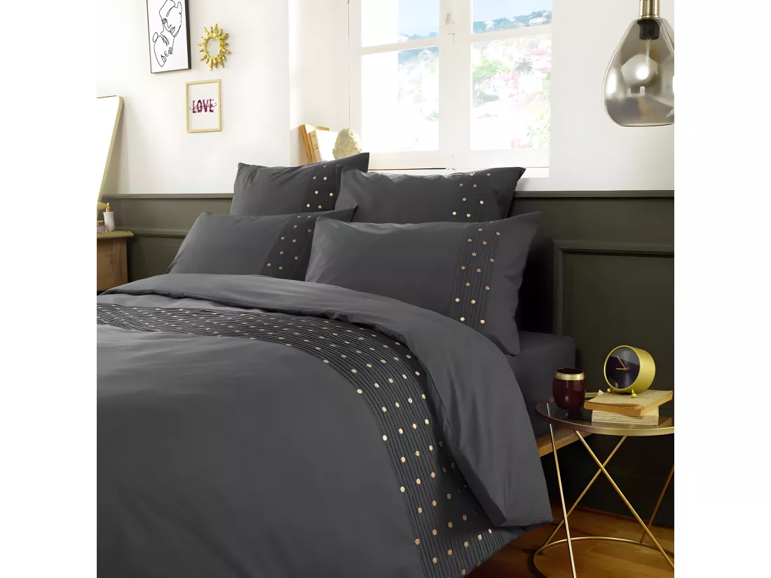 POLLY - Housse de Couette 240x220cm Coton Coloris Poivre