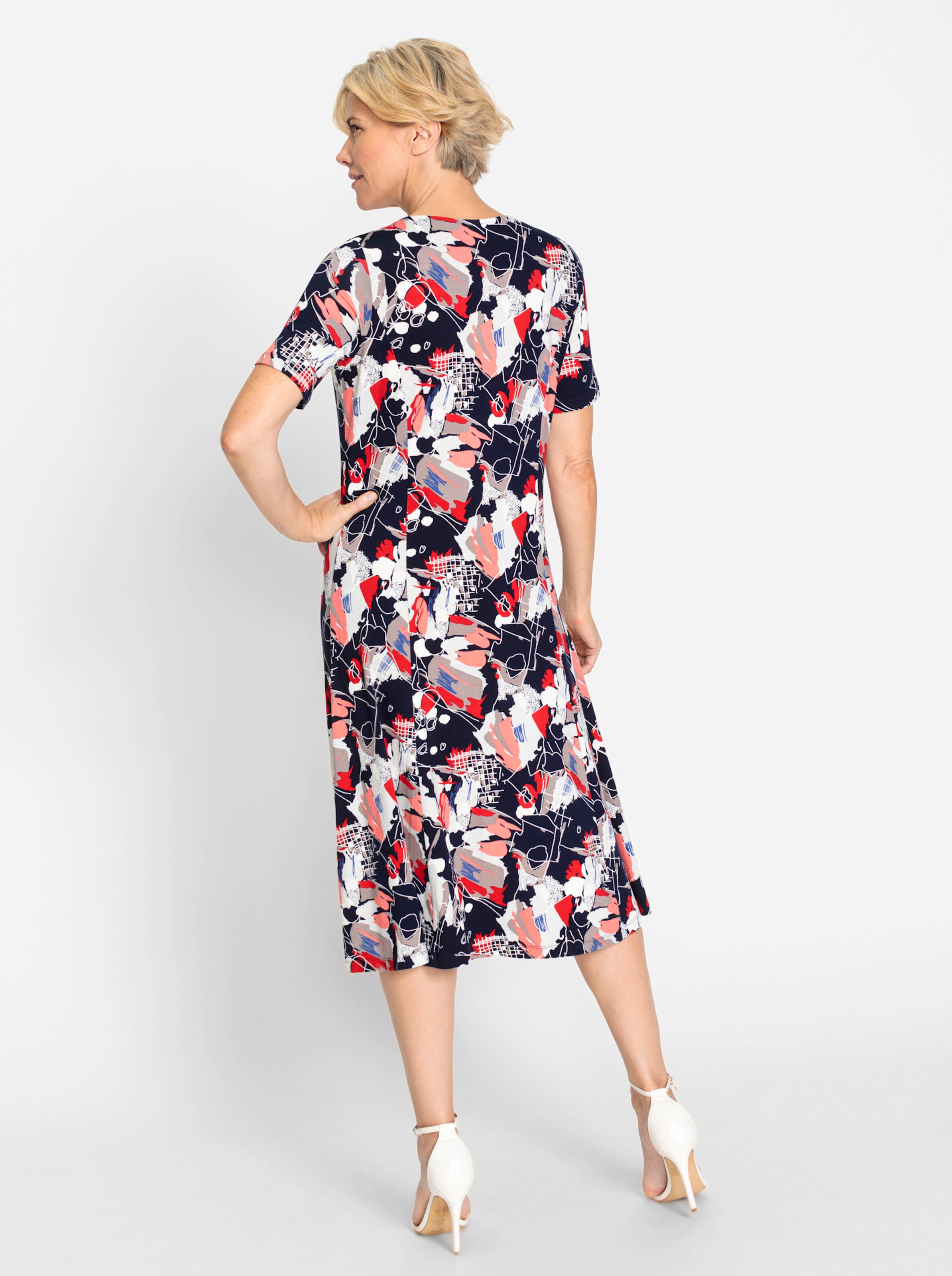 Jersey-Kleid in marine-koralle-bedruckt