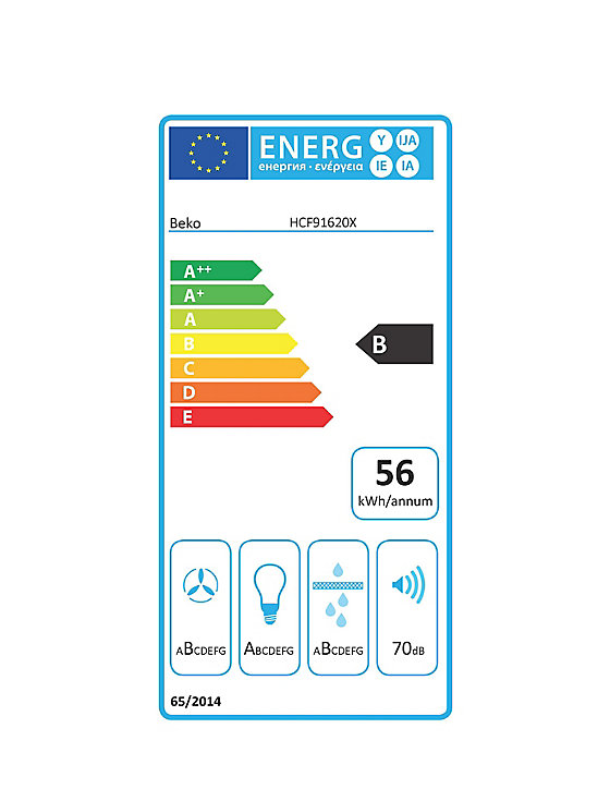 Hotte aspirante l. 90 cm Beko HCF91620X 3 vitesses débit 603 m3/h 70 dB(A) éclairage LED
