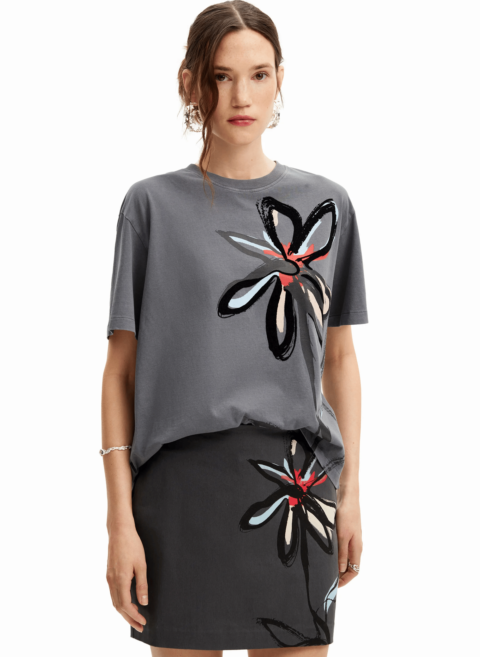 Tee-shirt droit col rond en coton sérigraphié | Noir