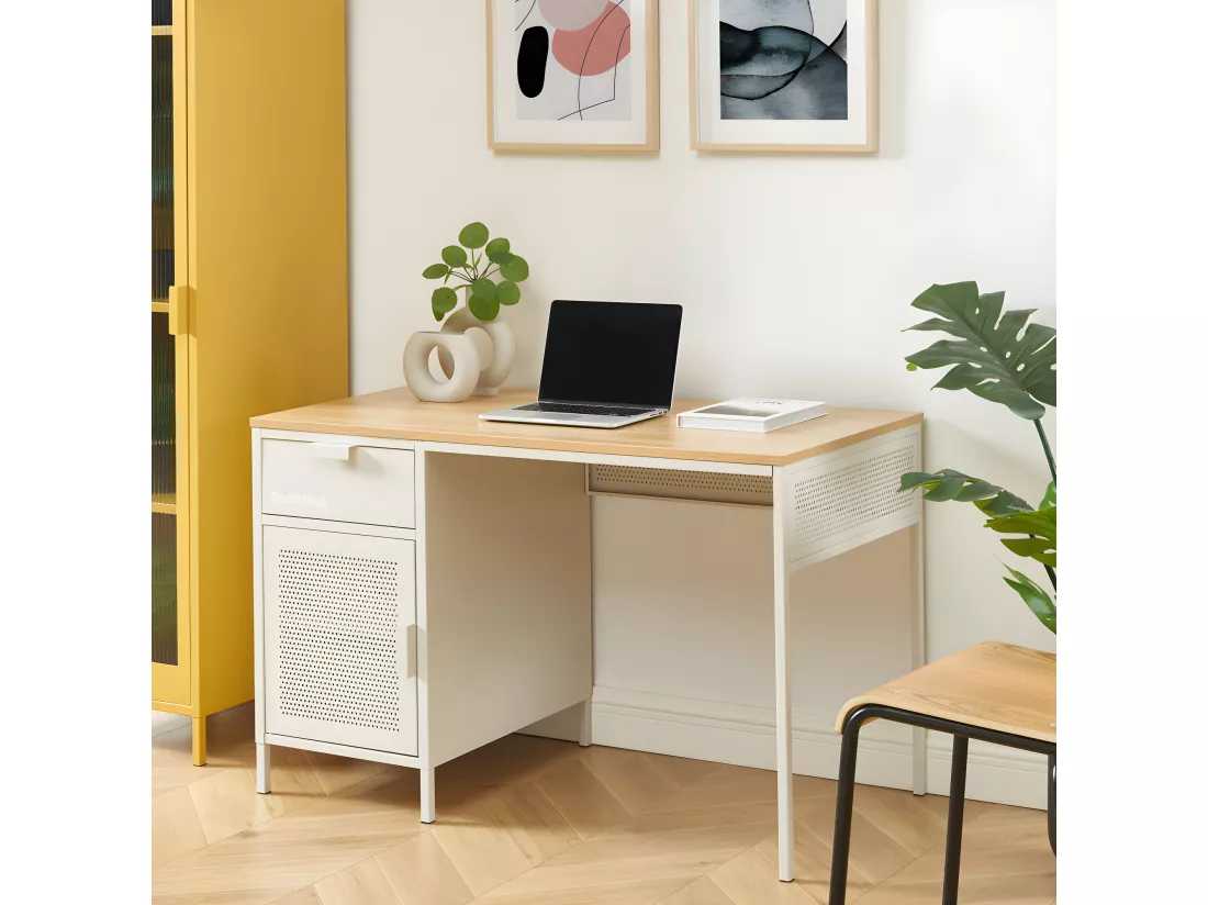 Nino - Bureau 1 porte 1 tiroir en métal PANTONE L120cm - Beige