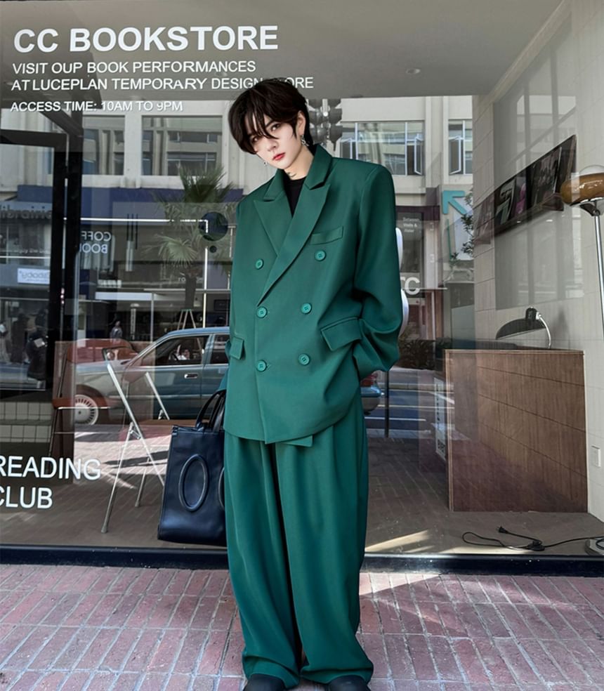Omozando - Set: Effen dubbelrijs blazer + Hoge taille wijde broek